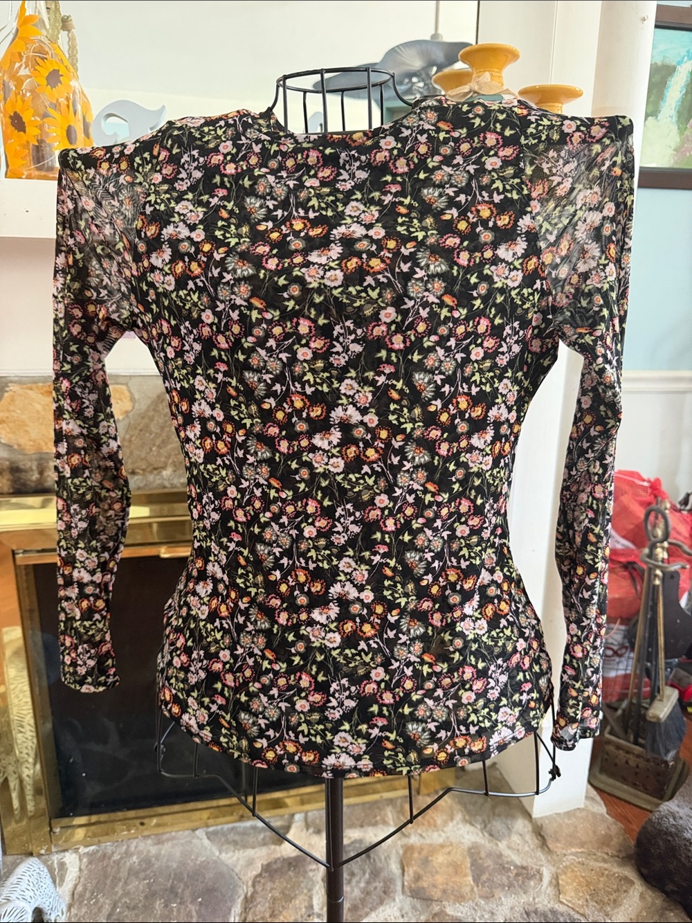 INC International Concepts Black Floral Long Sleeve Top